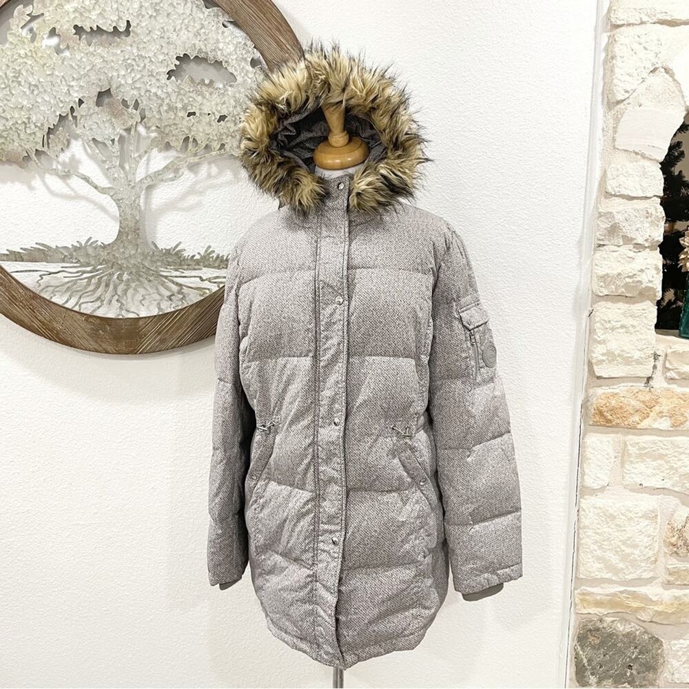 Lauren Ralph Lauren Long Down Puffer Jacket Coat Fur Trimmed Hood Gray XL